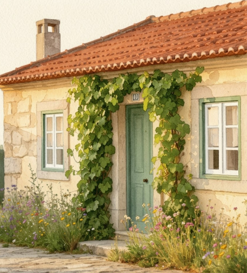 Casa de pedra tradicional portuguesa ao pôr-do-sol com flores silvestres
